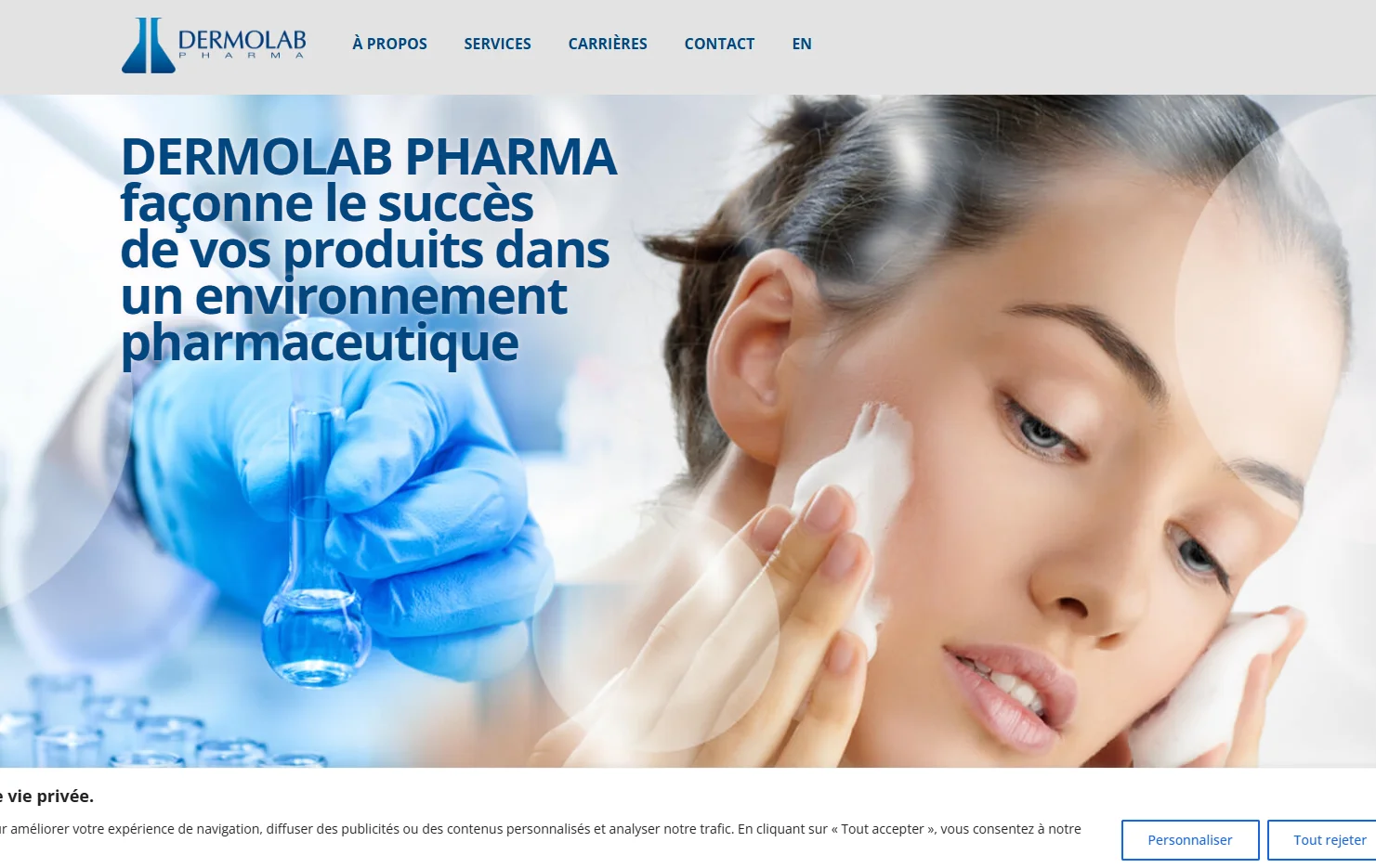 Dermolab Pharma banner showing laboratory setting with gloved hand holding a beaker and company text overlay.
